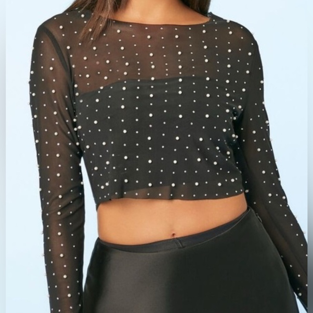 Forever 21 Black Sheer Festival WhimigothTop with Pearl & Bling Accents